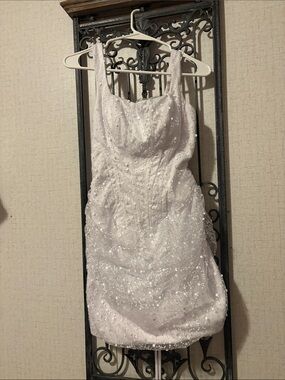 White Sequin Cocktail Prom Dress with Scoop Neck